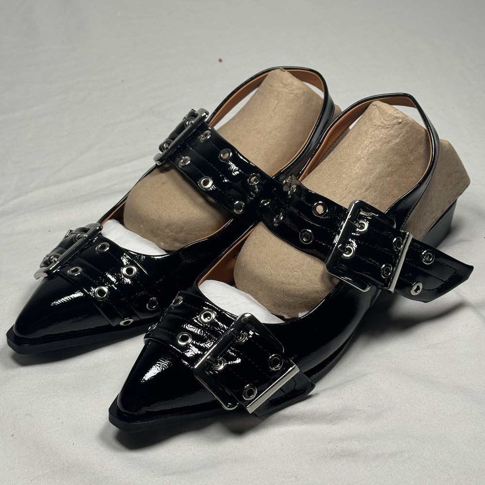 Black Patent Leather Mary Jane Flats Buckle Pointed Toe Womens Size 8.5